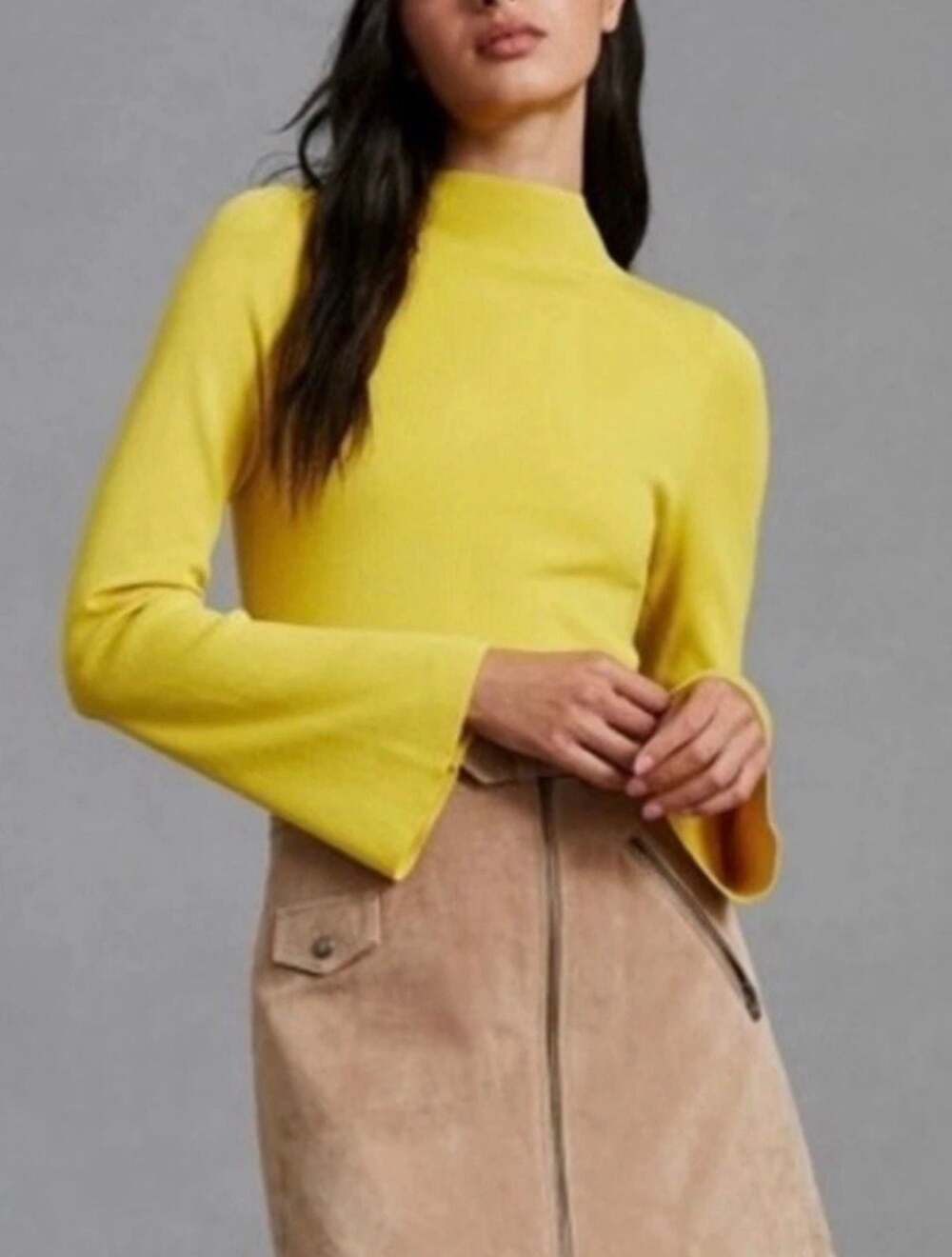 Maeve by Anthropologie Mock-Neck Bell-Sleeve Ribbed Yellow Sweater Size Large